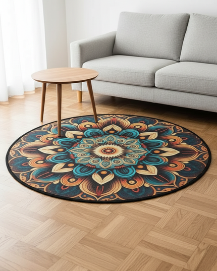 Runder Boho-Teppich mit dunkelblauem Muster - zum Wohlfühlen - Ansicht 1