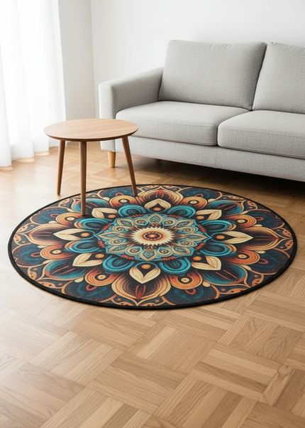 Runder Boho-Teppich mit dunkelblauem Muster - zum Wohlfühlen - Ansicht 1