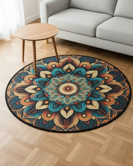 Runder Boho-Teppich mit dunkelblauem Muster - zum Wohlfühlen - Ansicht 2