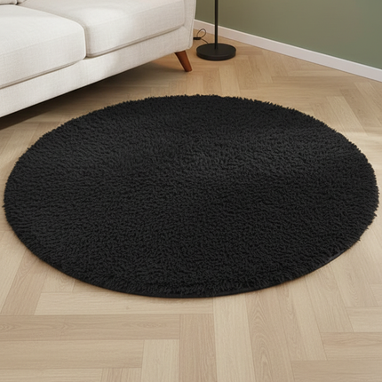 Runder schwarzer Hochflor-Teppich - flauschiger Teppich - Ansicht 1