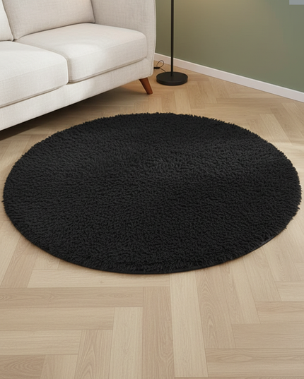 Runder schwarzer Hochflor-Teppich - flauschiger Teppich - Ansicht 1