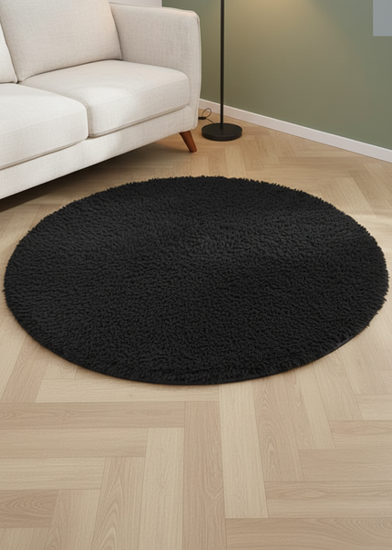 Runder schwarzer Hochflor-Teppich - flauschiger Teppich - Ansicht 1