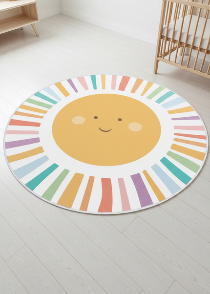 Moderner runder Kurzflorteppich - mit Sonnenmotiv - Ansicht 1
